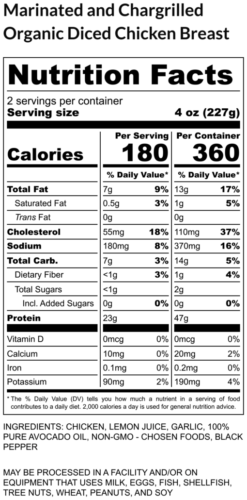 Marinated and Chargrilled Organic Diced Chicken Breast - Nutrition Label